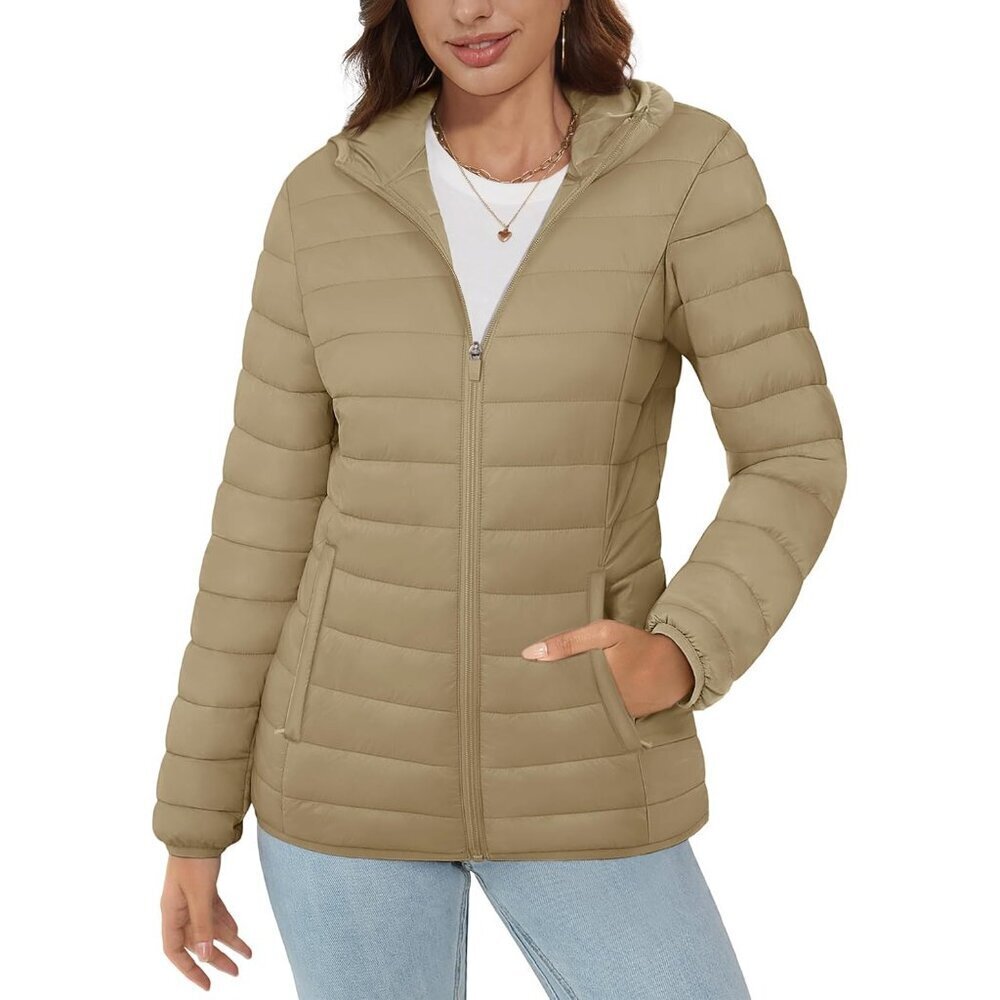 Women's Hooded Puffer Jacket Lightweight Quilted Padded Coat 4 Pockets Zip-up Wi